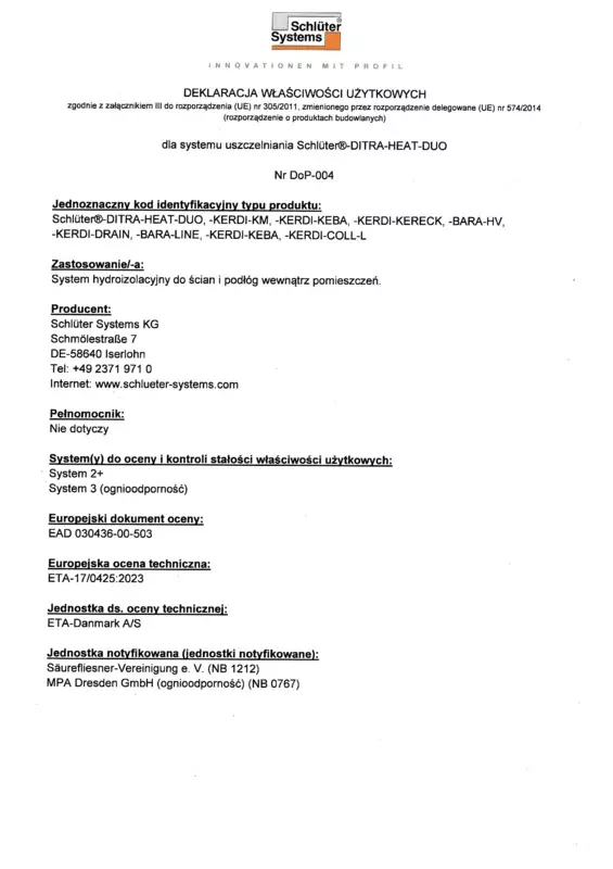 Schlüter-DITRA-HEAT-DUO - Deklaracja właściwości użytkowych