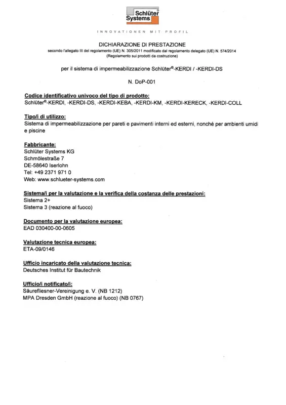 Schlüter-KERDI - Dichiarazione di Prestazione