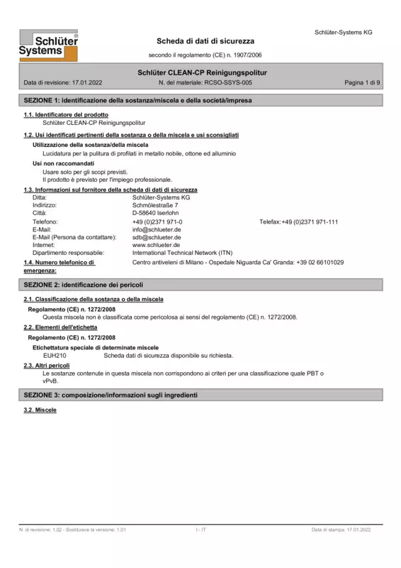 Schlüter-CLEAN-CP - Scheda di sicurezza
