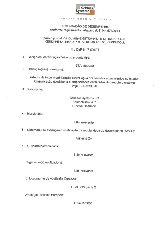 Schlüter-DITRA-HEAT - Declaração de Desempenho