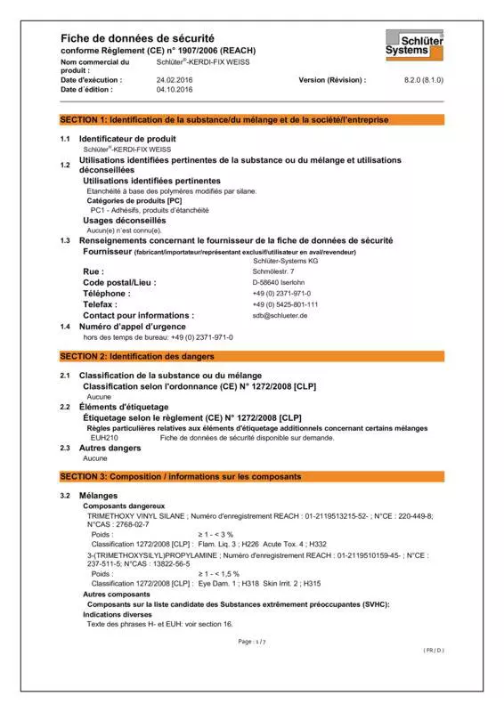 Schlüter-KERDI-FIX blanc - Fiche de données de sécurité