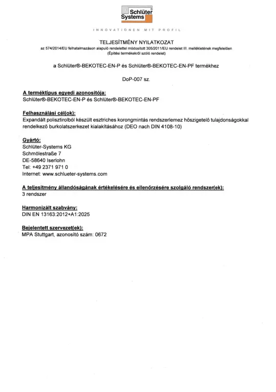 Schlüter-BEKOTEC-EN-P /-EN-PF DoP-007 – Teljesítmény nyilatkozat