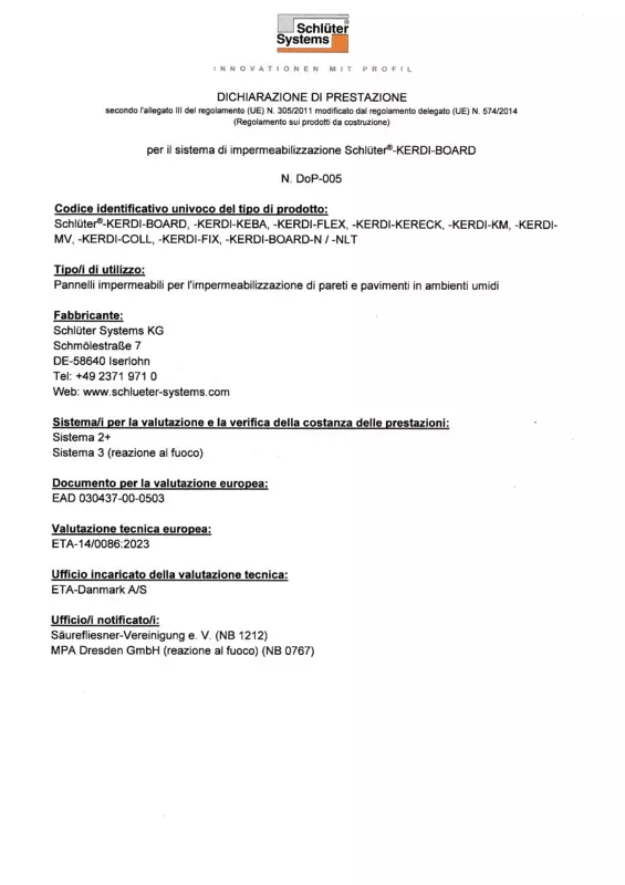 Schlüter-KERDI-BOARD - Dichiarazione di Prestazione