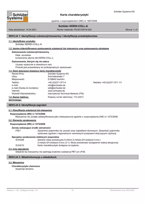 Schlüter-KERDI-COLL-A - Karta charakterystyki