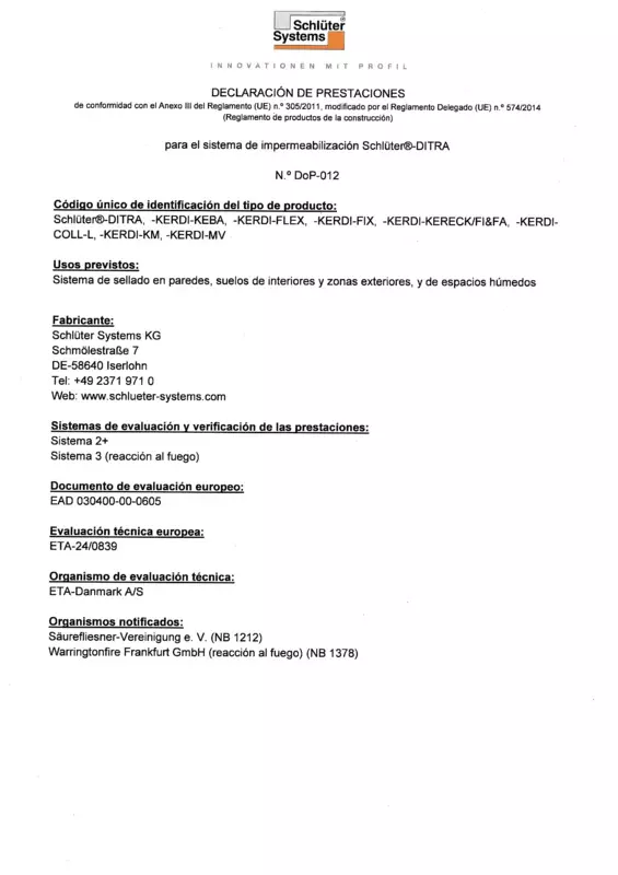 Schlüter-DITRA DoP-012 - Declaración de prestaciones