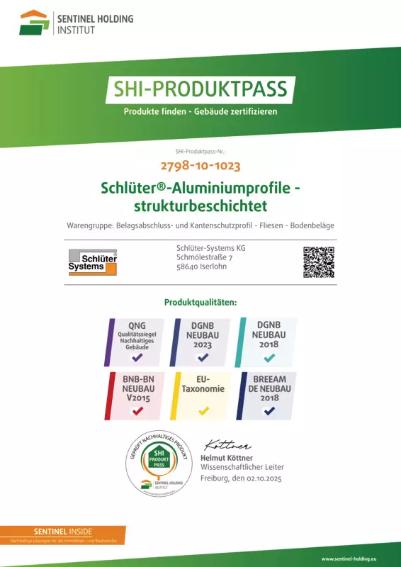 Schlüter-Aluminiumprofile - strukturbeschichtet – SHI-Produktpass