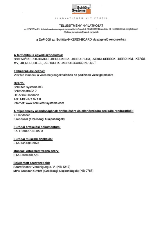 Schlüter-KERDI-BOARD - Teljesítménynyilatkozat