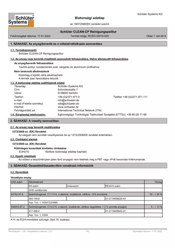 Schlüter-CLEAN-CP - Biztonsági adatlap
