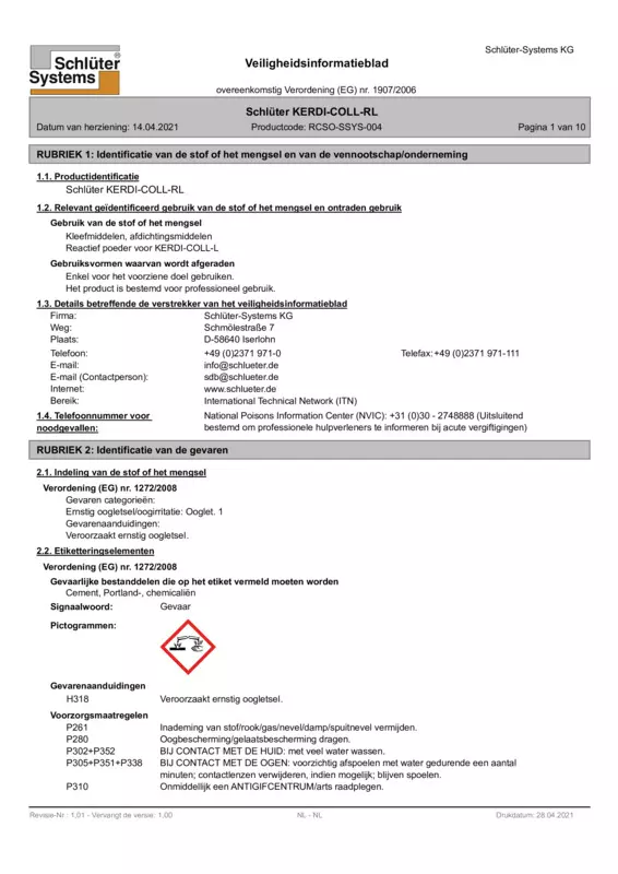 Schlüter-KERDI-COLL-RL - Veiligheidsinformatieblad