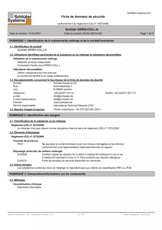 Schlüter-KERDI-COLL-A - Fiche de données de sécurité