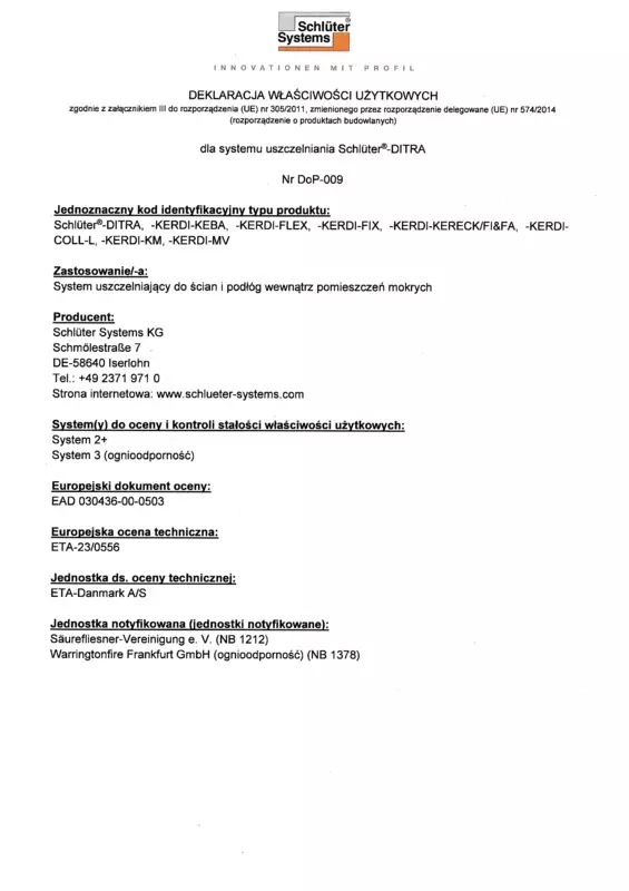 Schlüter-DITRA DoP-009 - Deklaracja właściwości użytkowych