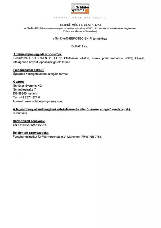 Schlüter-BEKOTEC-EN-FI DoP-011 – Teljesítmény nyilatkozat