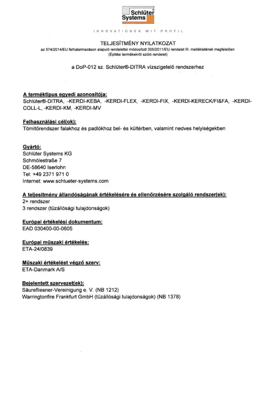 Schlüter-DITRA DoP-012 - Teljesítménynyilatkozat
