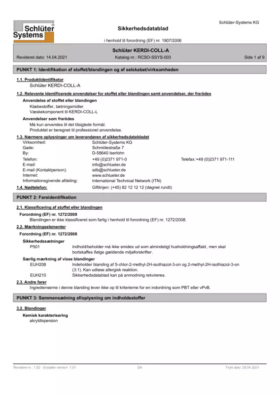 Schlüter-KERDI-COLL-A - Sikkerhedsdatablad