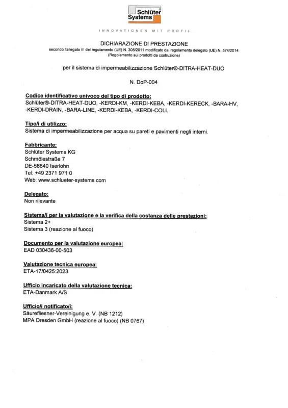 Schlüter-DITRA-HEAT-DUO - Dichiarazione di Prestazione