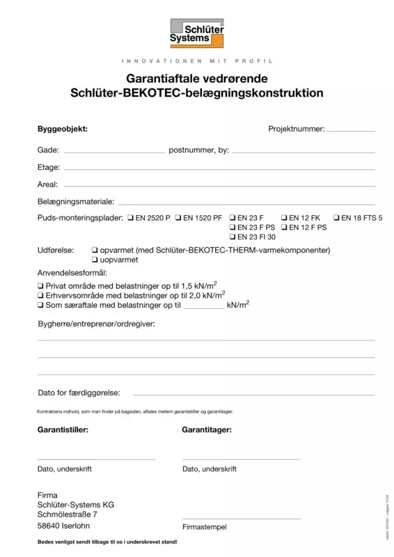 Schlüter-BEKOTEC - Garantiaftale vedrørende belægningskonstruktion