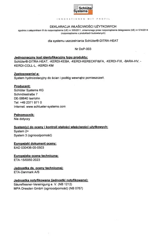 Schlüter-DITRA-HEAT - Deklaracja właściwości użytkowych