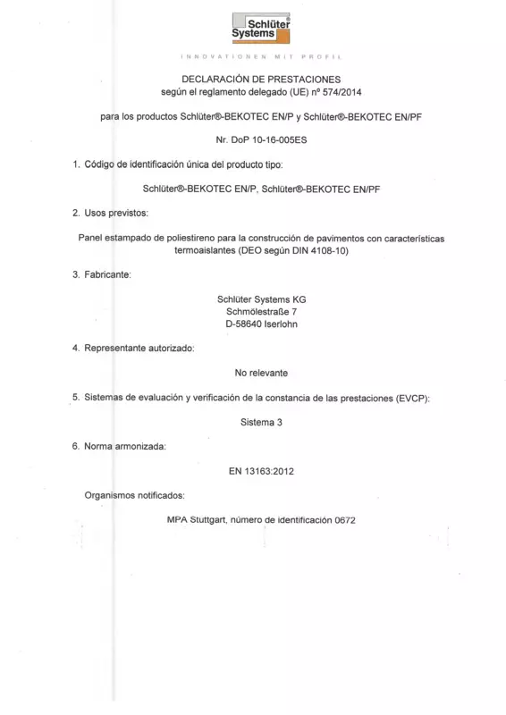 Schlüter-BEKOTEC-EN/P /-EN/PF - Declaración de prestaciones
