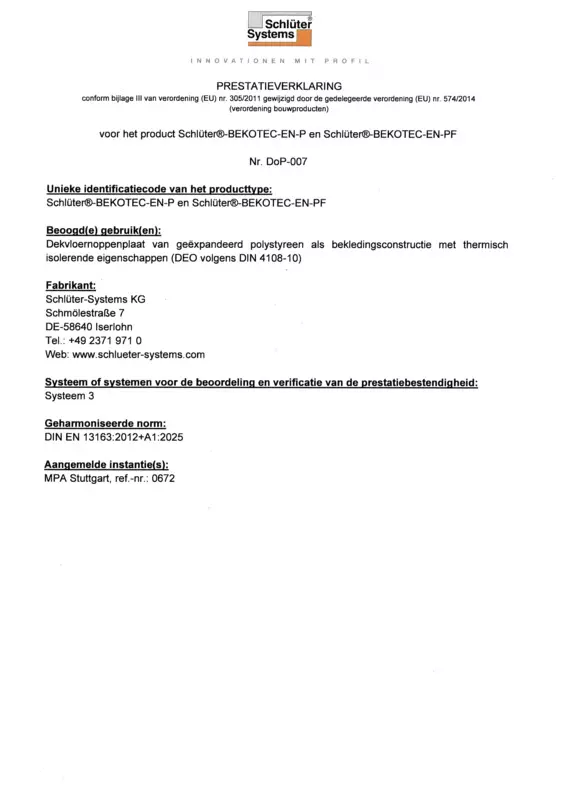 Schlüter-BEKOTEC-EN-P /-EN-PF DoP-007 – Prestatieverklaring
