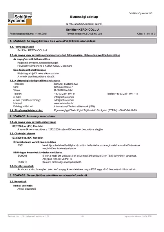 Schlüter-KERDI-COLL-A - Biztonsági adatlap