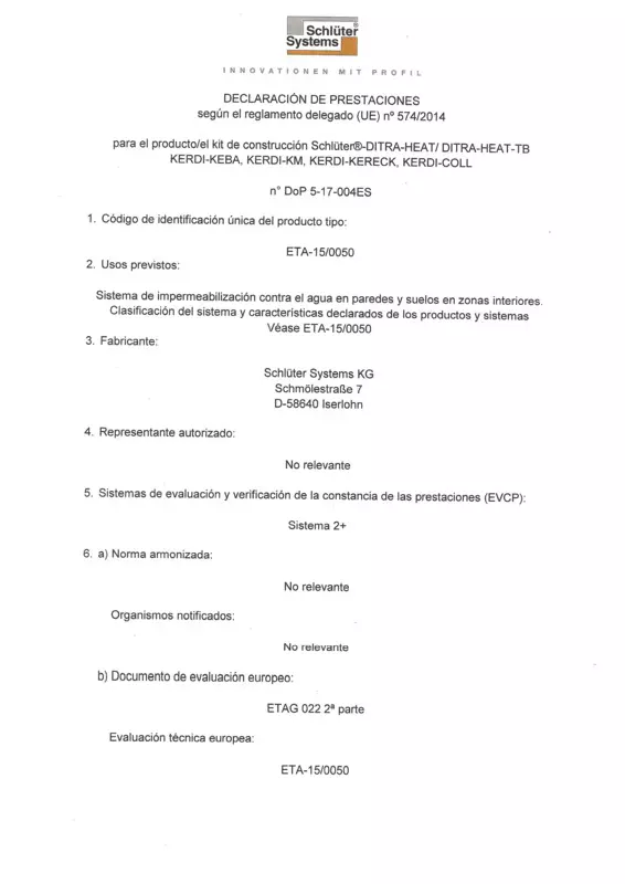 Schlüter-DITRA-HEAT - Declaración de prestacione