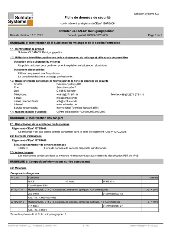 Schlüter-CLEAN-CP - Fiche de données de sécurité