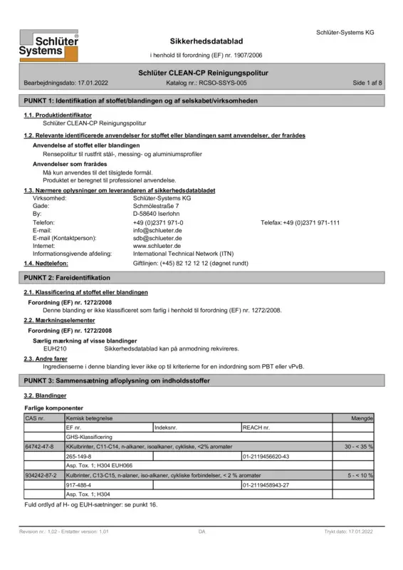 Schlüter-CLEAN-CP - Sikkerhedsdatablad