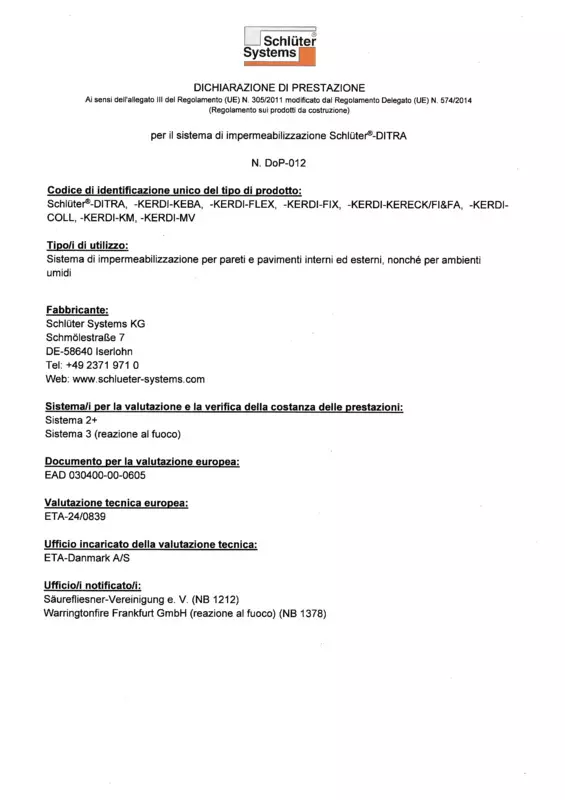 Schlüter-DITRA DoP-012 - Dichiarazione di Prestazione