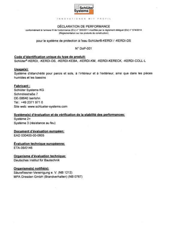Schlüter-KERDI - Déclaration de performances