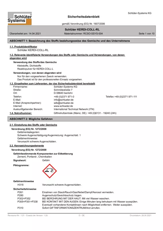Schlüter-KERDI-COLL-RL - Sicherheitsdatenblatt