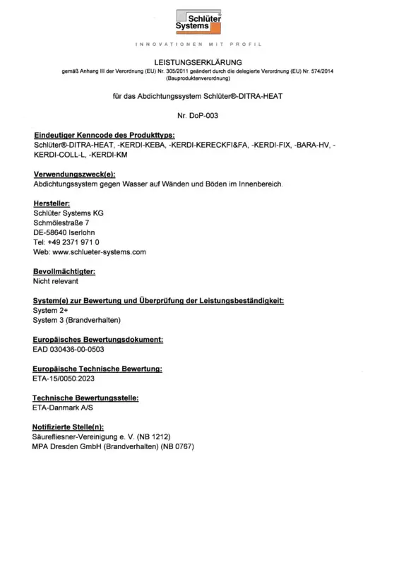 Schlüter-DITRA-HEAT - Leistungserklärung