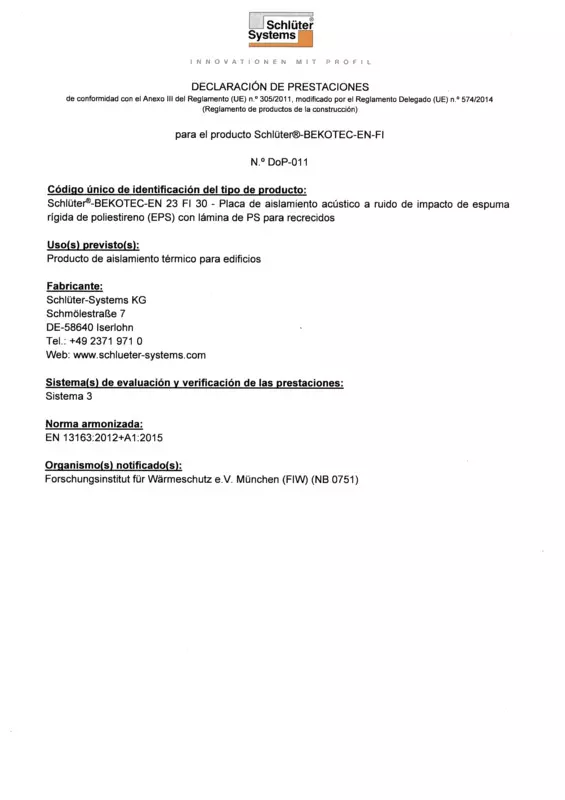 Schlüter-BEKOTEC-EN-FI DoP-011 – Declaratión de prestaciones