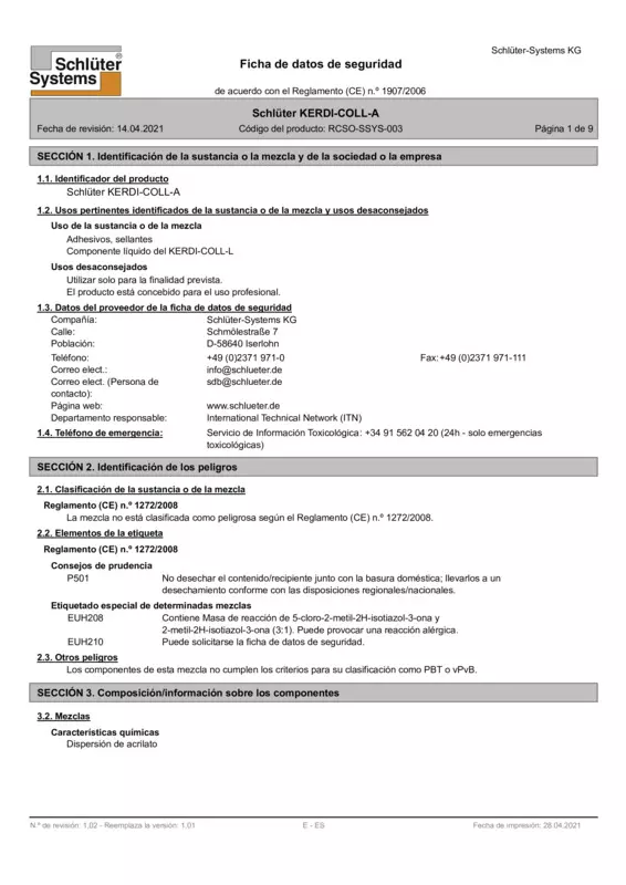 Schlüter-KERDI-COLL-A - Ficha de datos de seguridad