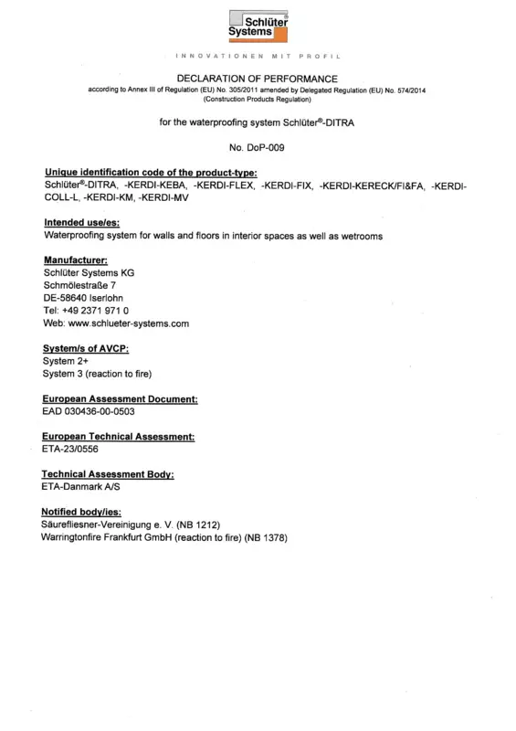 Schlüter-DITRA DoP-009 - Declaration of performance