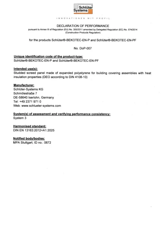 Schlüter-BEKOTEC-EN-P /-EN-PF DoP-007 – Declaration of performance
