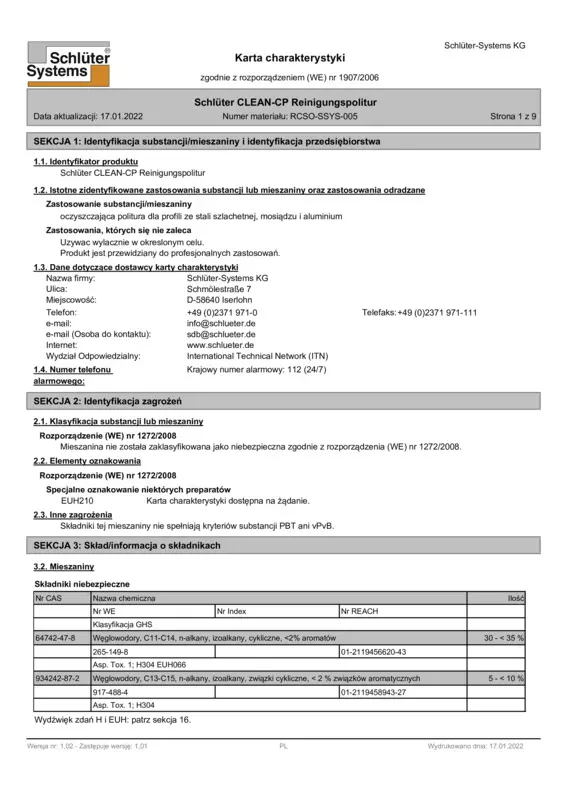 Schlüter-CLEAN-CP - Karta charakterystyki