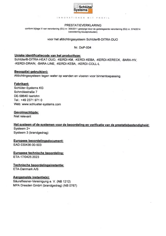 Schlüter-DITRA-HEAT-DUO - Prestatieverklaring