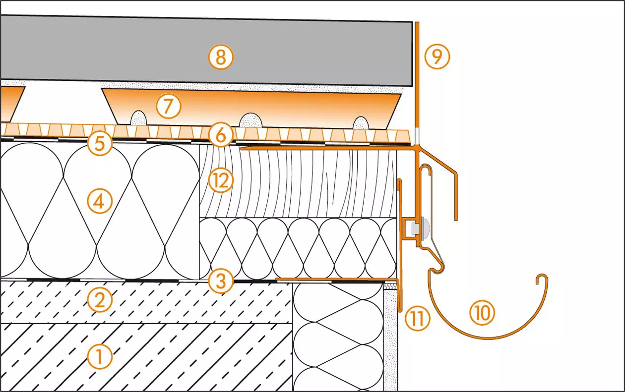 Schl&uuml;ter-Systems Schnittzeichnung des Randdetails 1 f&uuml;r Dachterrassenaufbau C.7 Belagskonstruktion mit TROBA-STELZ-M&ouml;rtel-Ringen