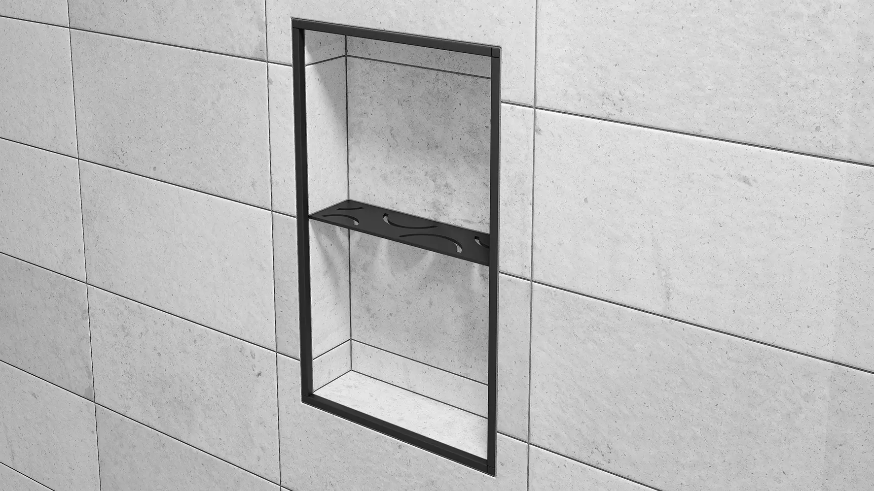 Vue d'une tablette pour niche Schl&uuml;ter-SHELF-N-S1 avec design CURVE et finition MGS, noir graphite mat, mise en œuvre sur un mur carrel&eacute; gris clair.