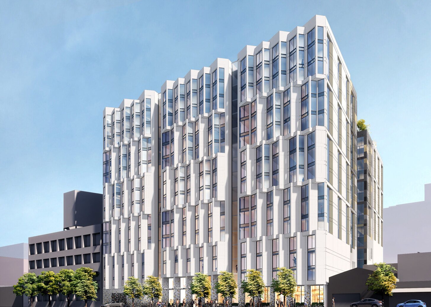 Exterior rendering of The Quincy 16-story multifamily tower in San Francisco built with Schluter Systems