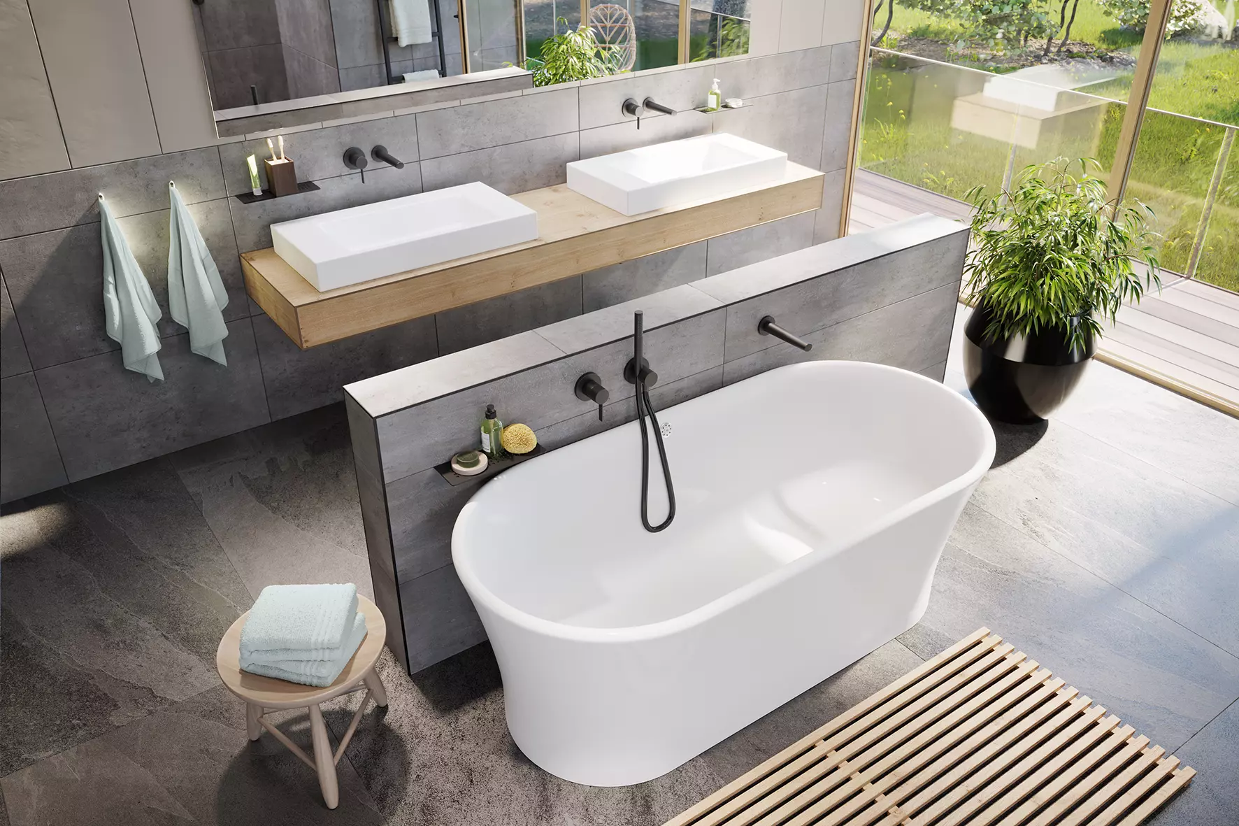 Vue d’une salle de bains moderne avec baignoire devant une cloison et deux lavabos suspendus.