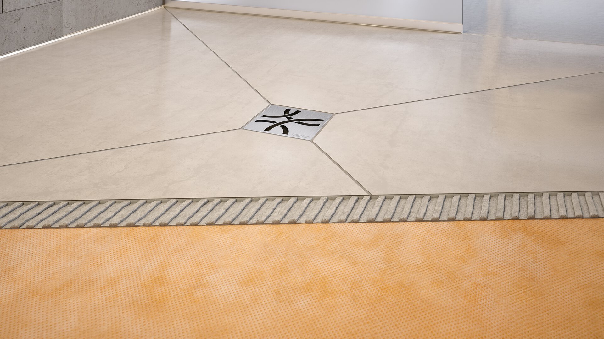 Prefabricated Schluter shower tray for waterproof tiled shower base installations.