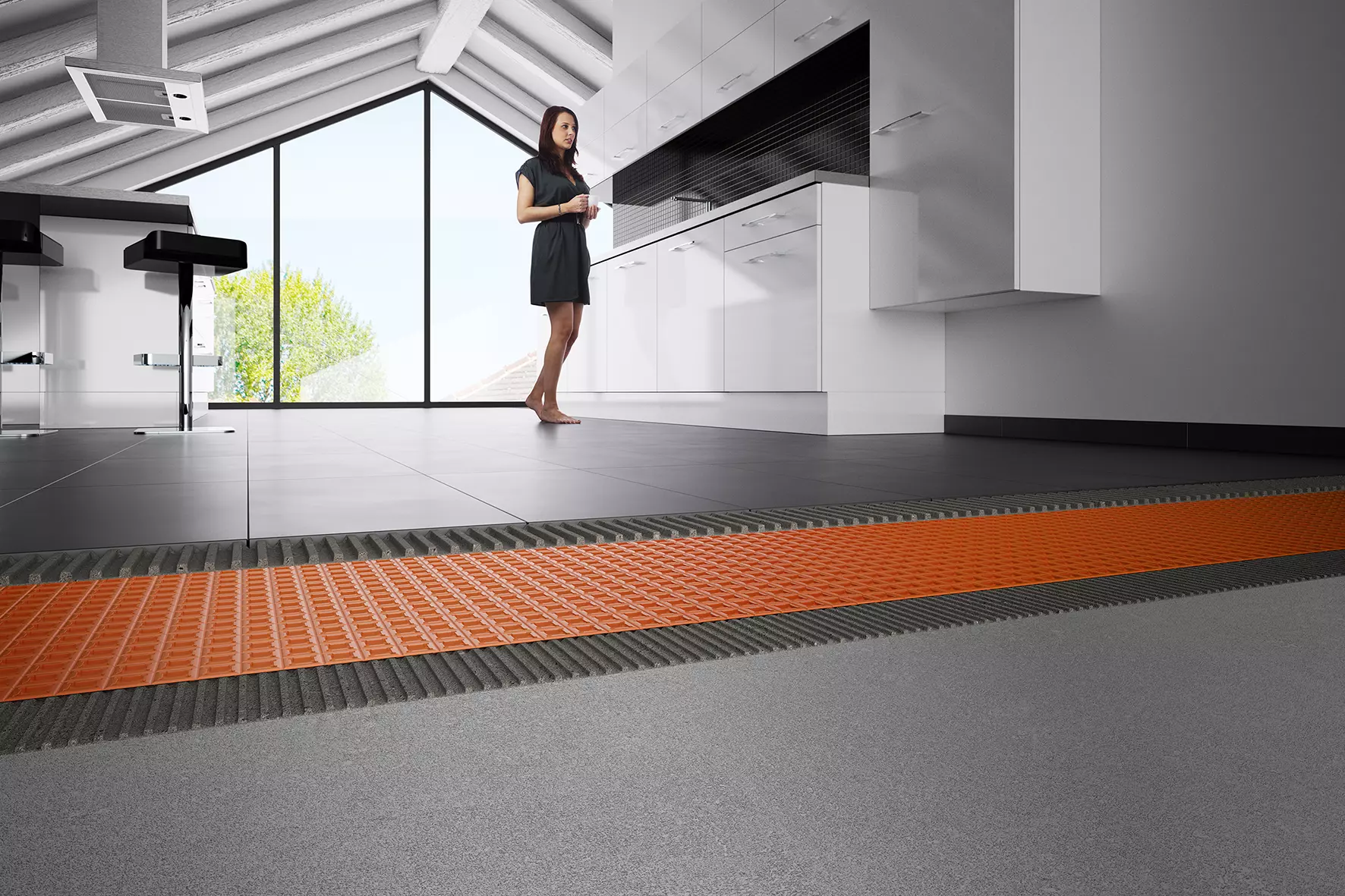 Sistema constructivo con la l&aacute;mina de desolidarizaci&oacute;n Schl&uuml;ter-DITRA instalada en una cocina.