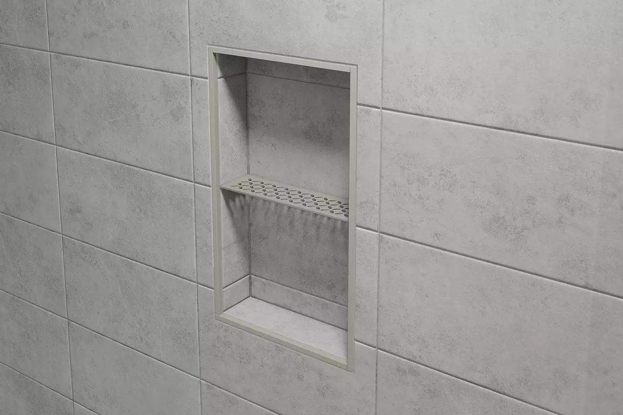 La tablette Schl&uuml;ter-SHELF-N-S1 est utilis&eacute;e dans la niche Schl&uuml;ter-KERDI-BOARD-N