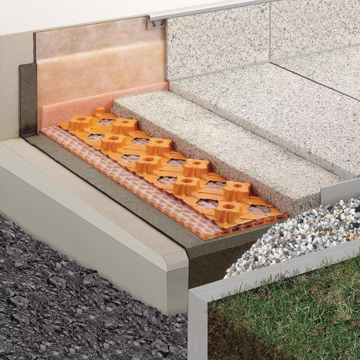 Schl&uuml;ter-Systems terrace assembly B.4 Thin covering assembly with mortar bed installation on waterproofing with BEKOTEC-DRAIN and mortar bed installation on area drainage with TROBA-PLUS 8G