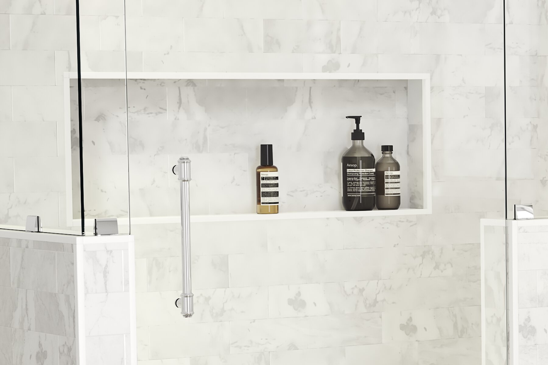Douche en céramique grise pâle avec une niche horizontale spacieuse bordée de profilés Schluter Quadec