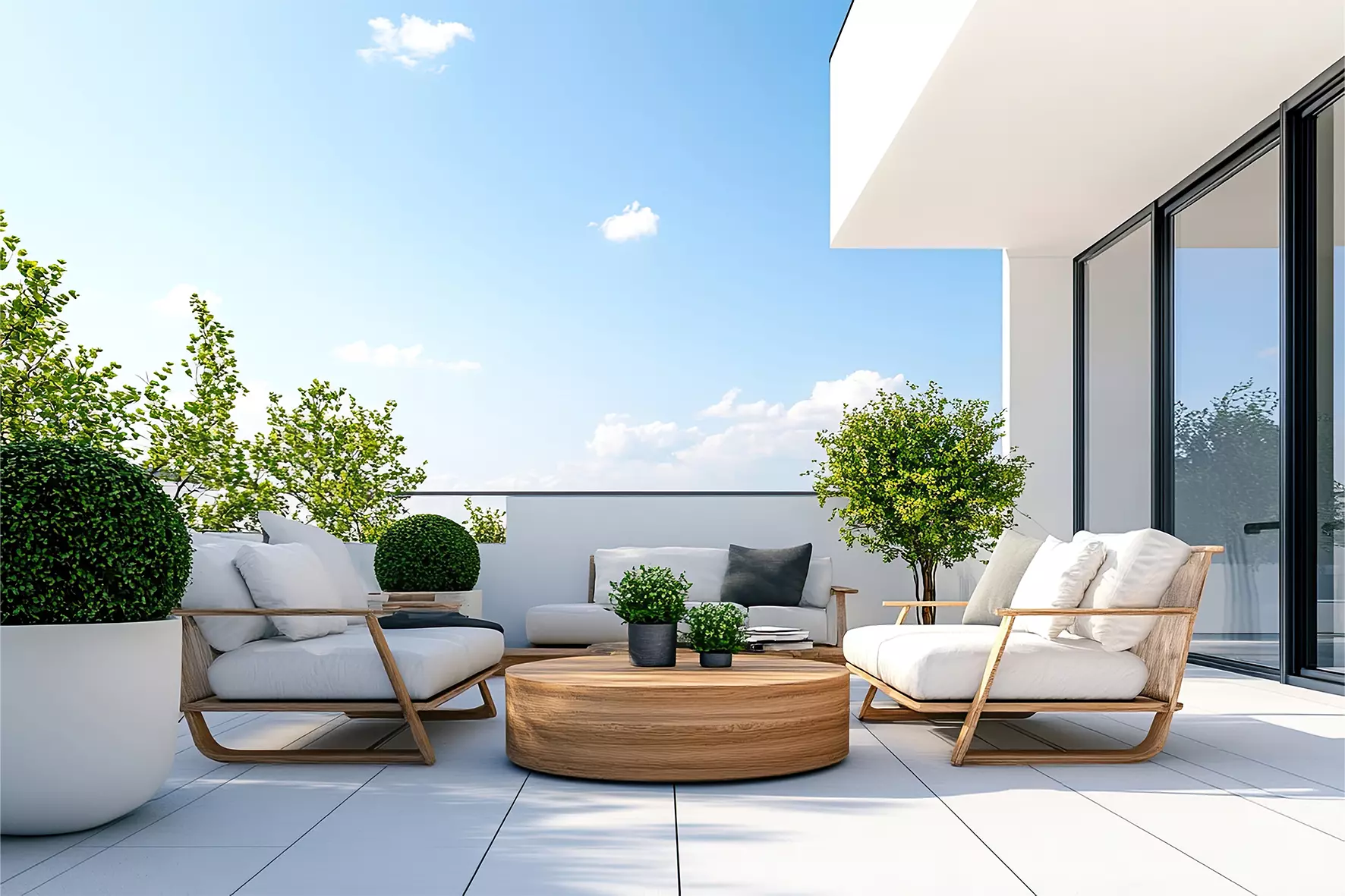 Takterrass med vita plattor och vita loungem&ouml;bler och planteringsk&auml;rl med sm&aring; tr&auml;d