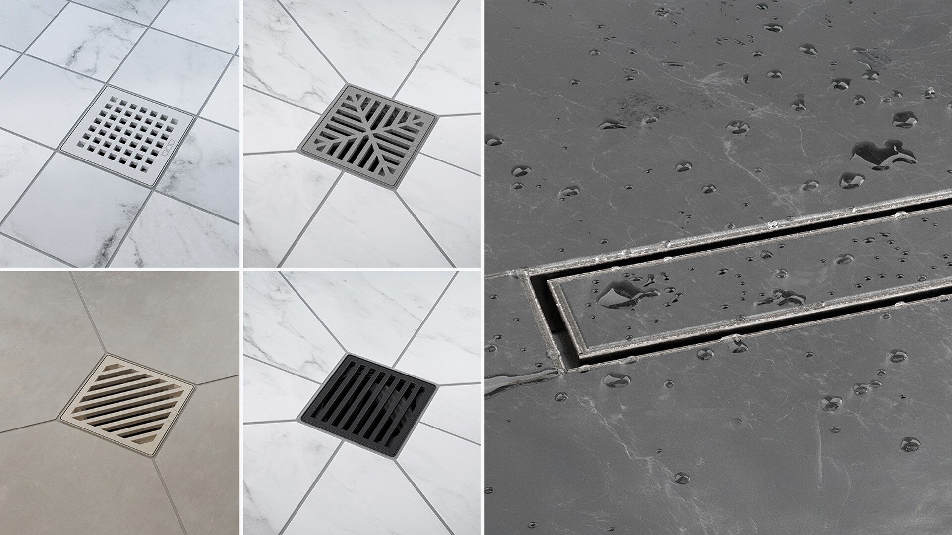 Linear and point drain grate options for tiled shower installation systems.