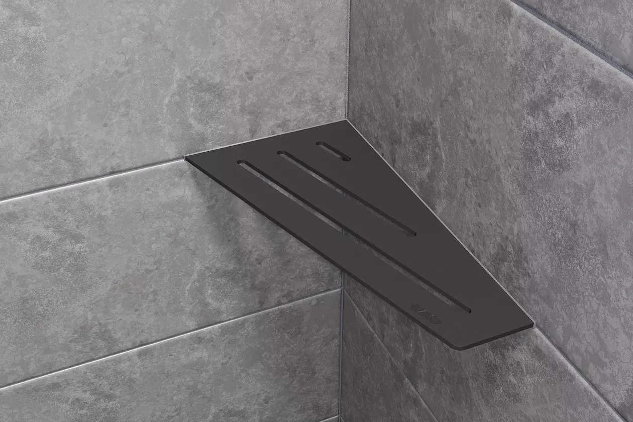 Schl&uuml;ter-Shelf-E-S3 est une longue tablette d'angle de douche &agrave; angle droit