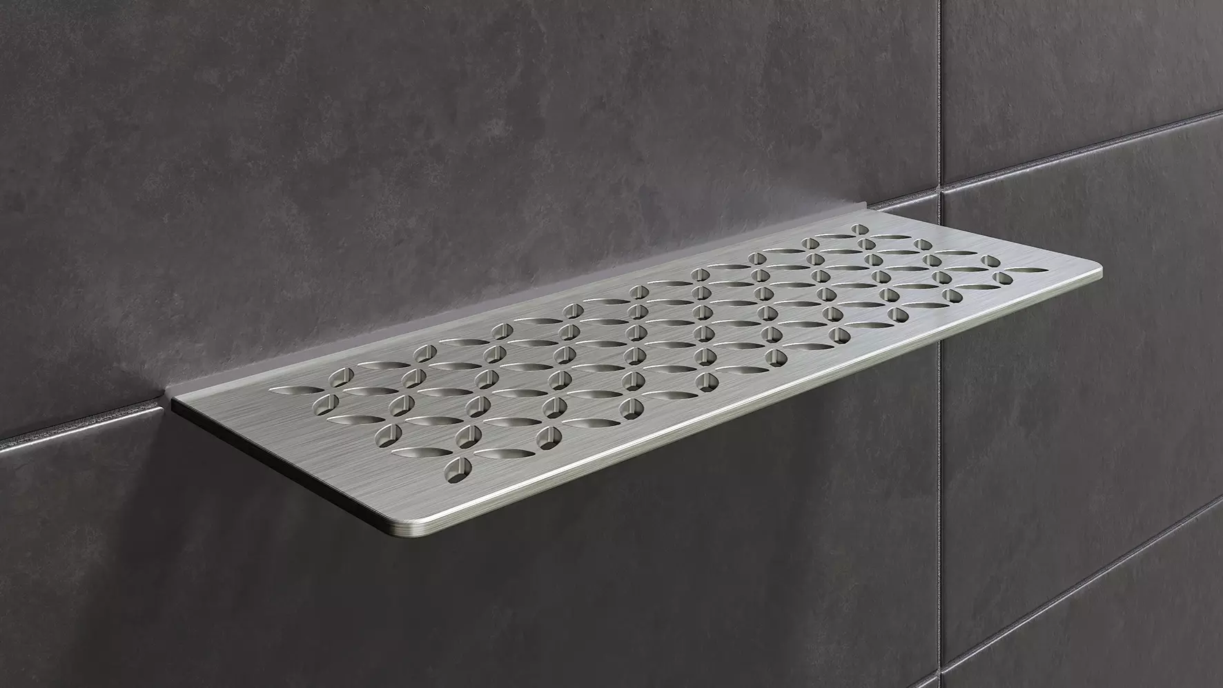 Schl&uuml;ter-SHELF en acero inoxidable cepillado es un estante de pared decorativo para baldosas de cer&aacute;mica y piedra natural.